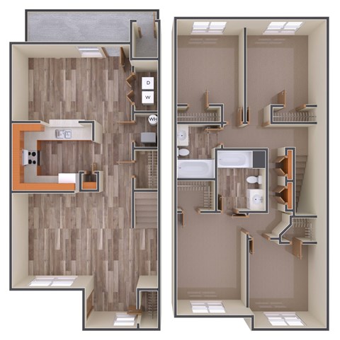 A floor plan of a two-story apartment with a kitchen, living room, and bathroom.